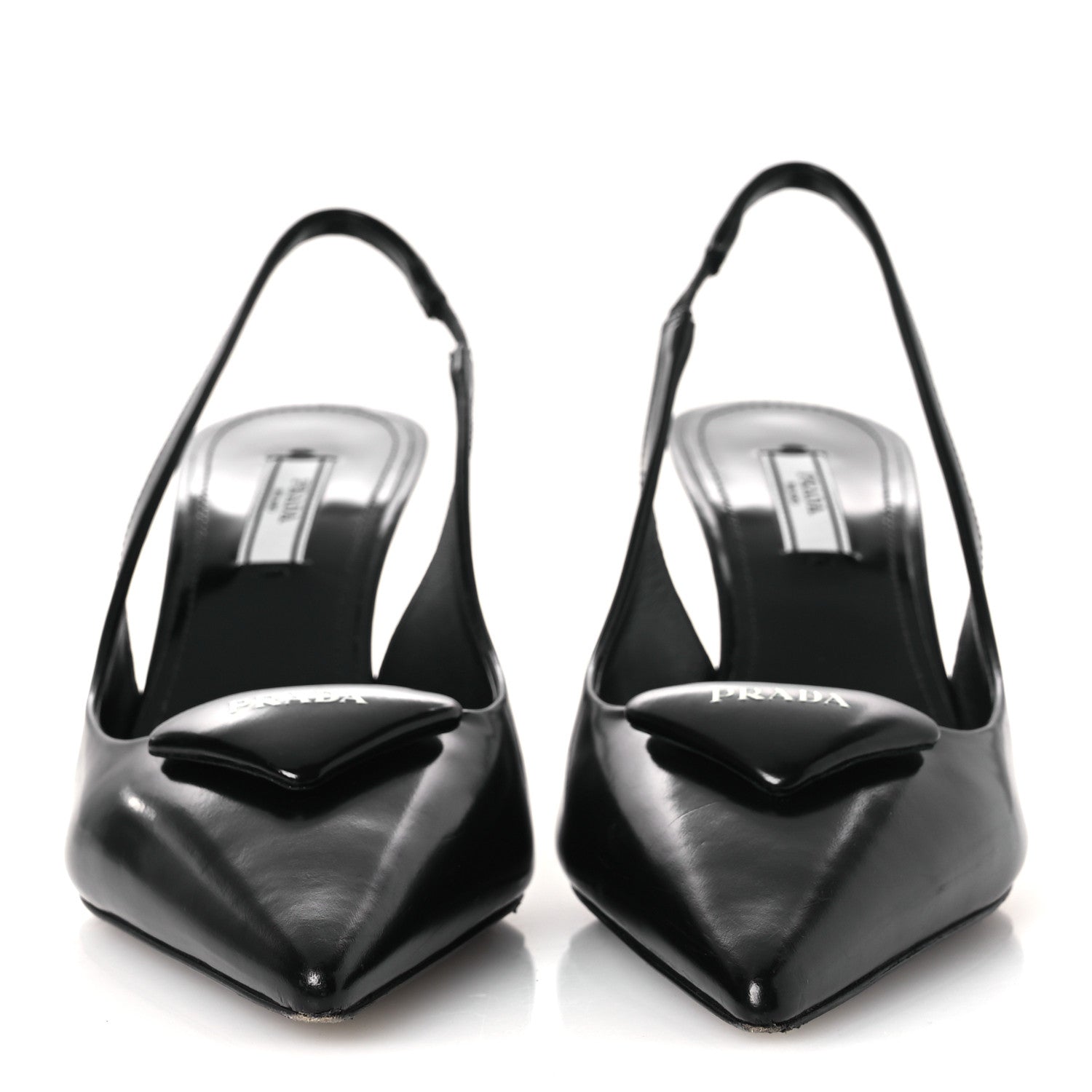 Prada Spazzolato Triangle Logo Pointed Toe 75mm Slingback Pumps 36.5 Black 3 of 10