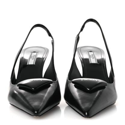 Prada Spazzolato Triangle Logo Pointed Toe 75mm Slingback Pumps 36.5 Black 3 of 10