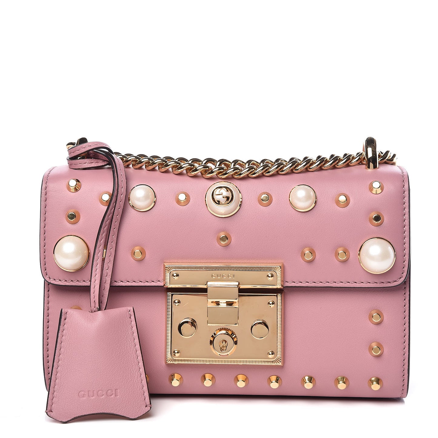 Calfskin Studded Small Padlock Shoulder Bag Carmine Rose