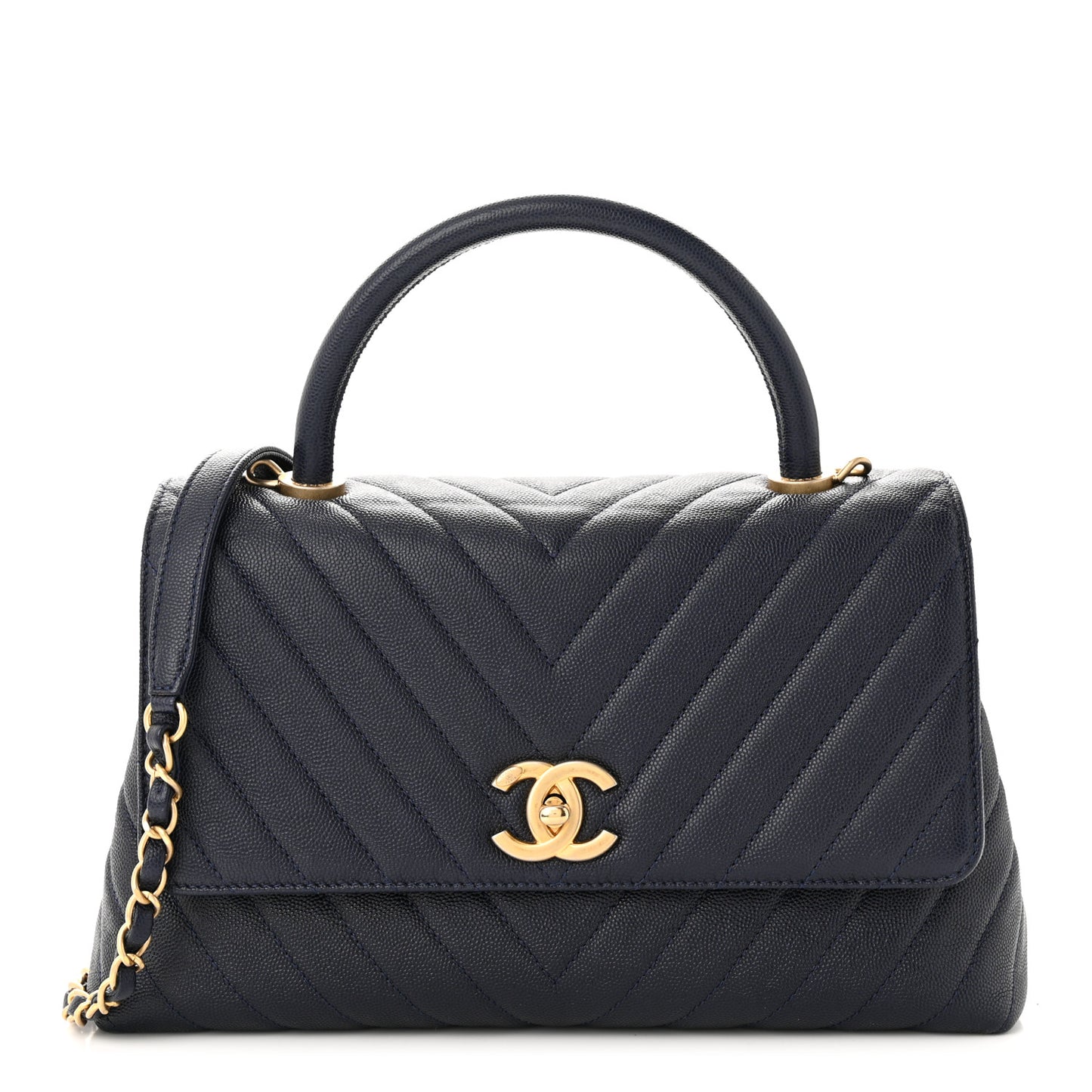Caviar Chevron Quilted Small Coco Handle Flap Navy