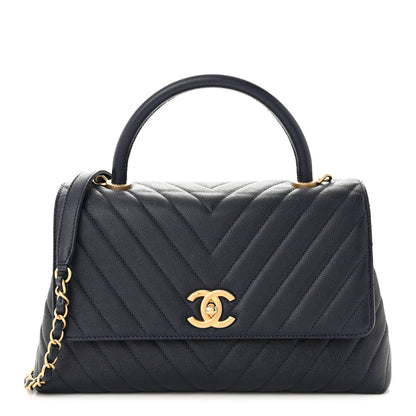 Chanel Caviar Chevron Quilted Small Coco Handle Flap Navy 1 of 10