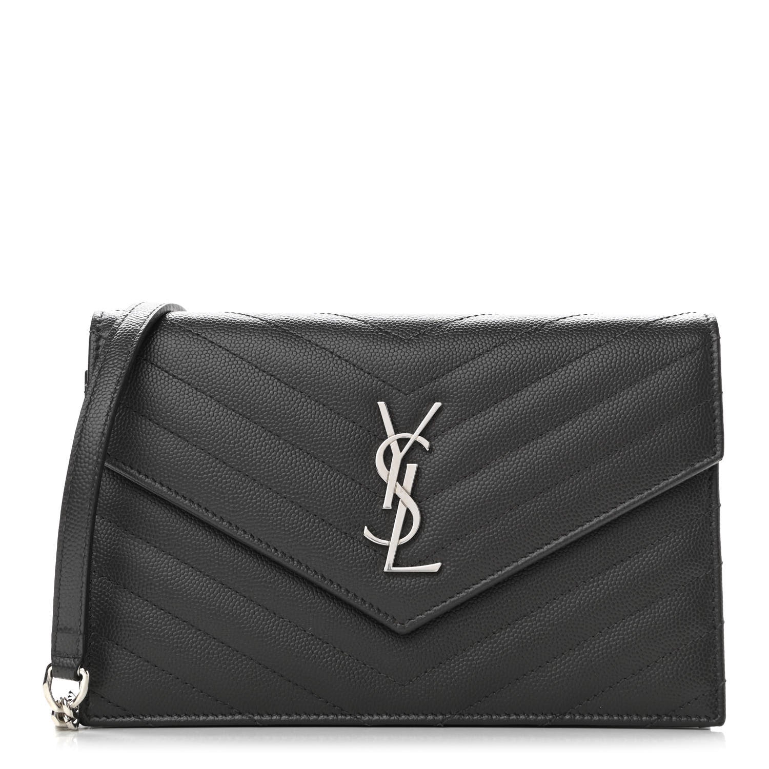 Saint Laurent Grain De Poudre Matelasse Chevron Monogram Envelope Chain Wallet Dark Smog 1 of 11
