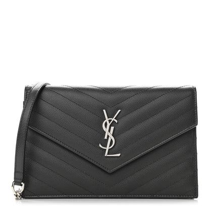Saint Laurent Grain De Poudre Matelasse Chevron Monogram Envelope Chain Wallet Dark Smog 1 of 11