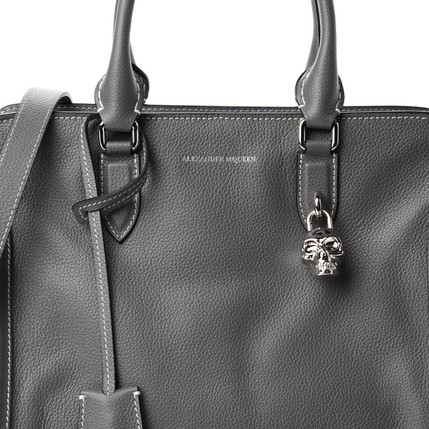 Alexander McQueen Pebbled Calfskin Small Skull Padlock Zip Around Tote Dark Grey 10 of 10
