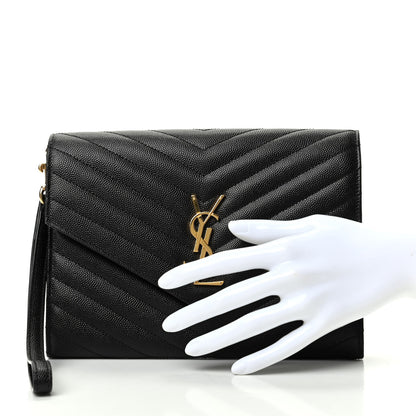 Saint Laurent Grain De Poudre Matelasse Chevron Monogram Envelope Clutch Black 2 of 6