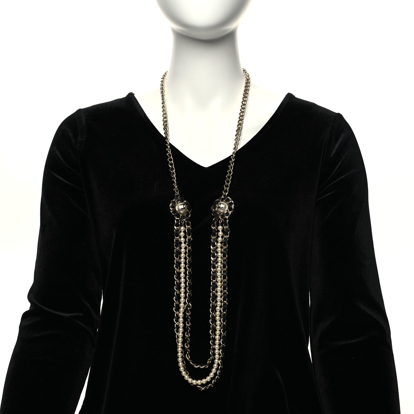 Pearl Lambskin Chain CC Multi Strand Necklace Gold Black