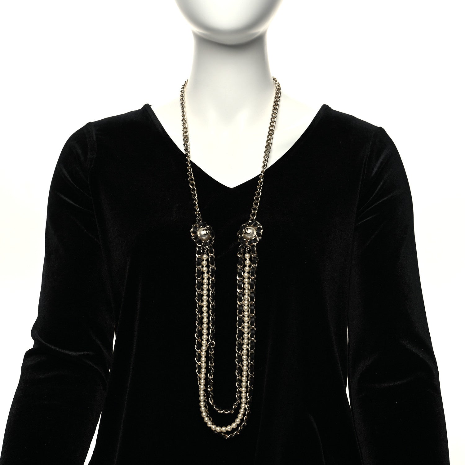 Chanel Pearl Lambskin Chain CC Multi Strand Necklace Gold Black 2 of 5
