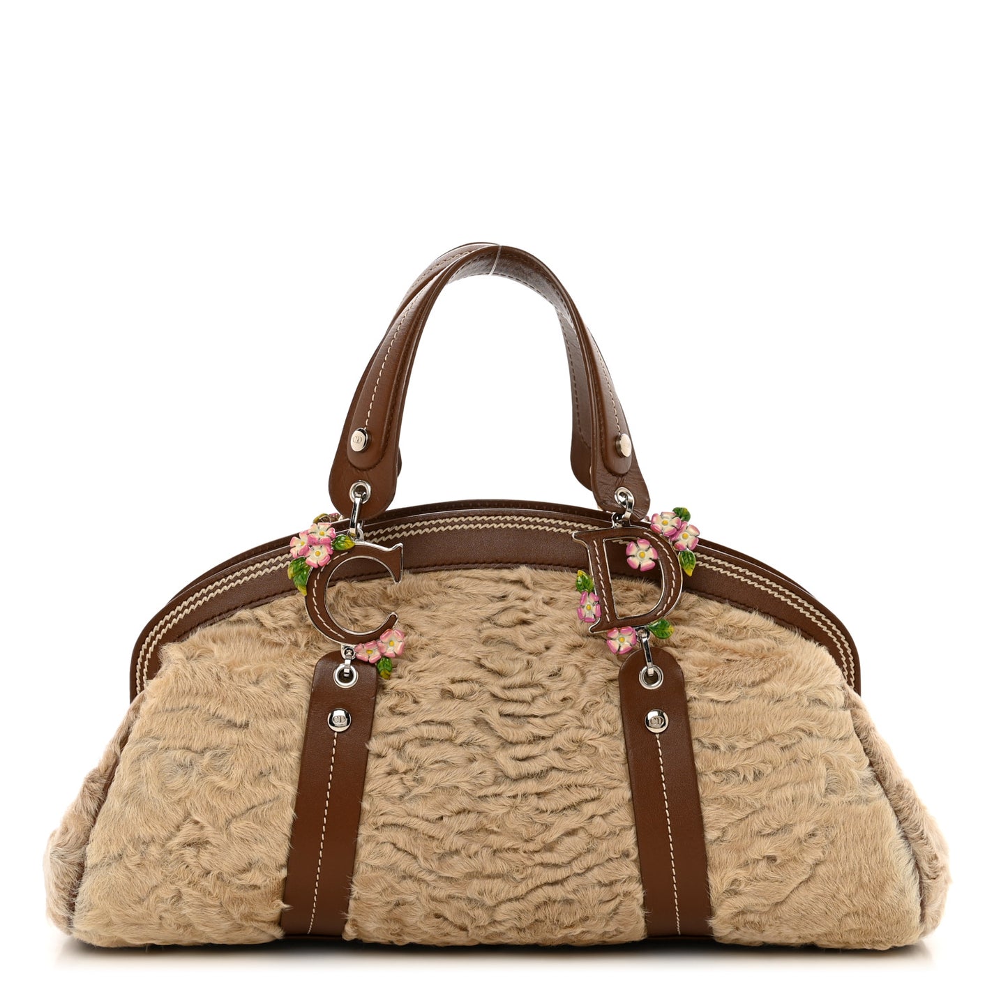 Astrakhan Calfskin Enamel Flower Medium Frame Satchel Beige