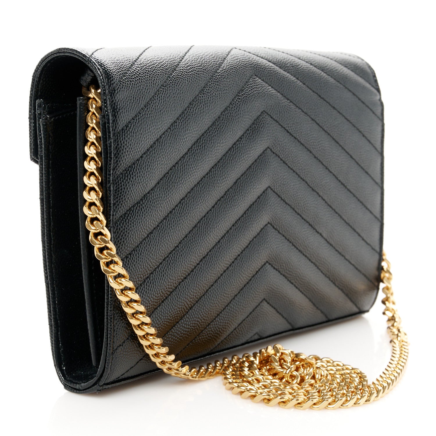 Saint Laurent Grain De Poudre Matelasse Chevron Monogram Chain Wallet Black 3 of 10