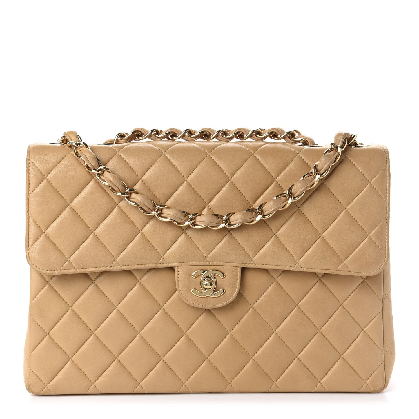 Lambskin Quilted Maxi Single Flap Beige