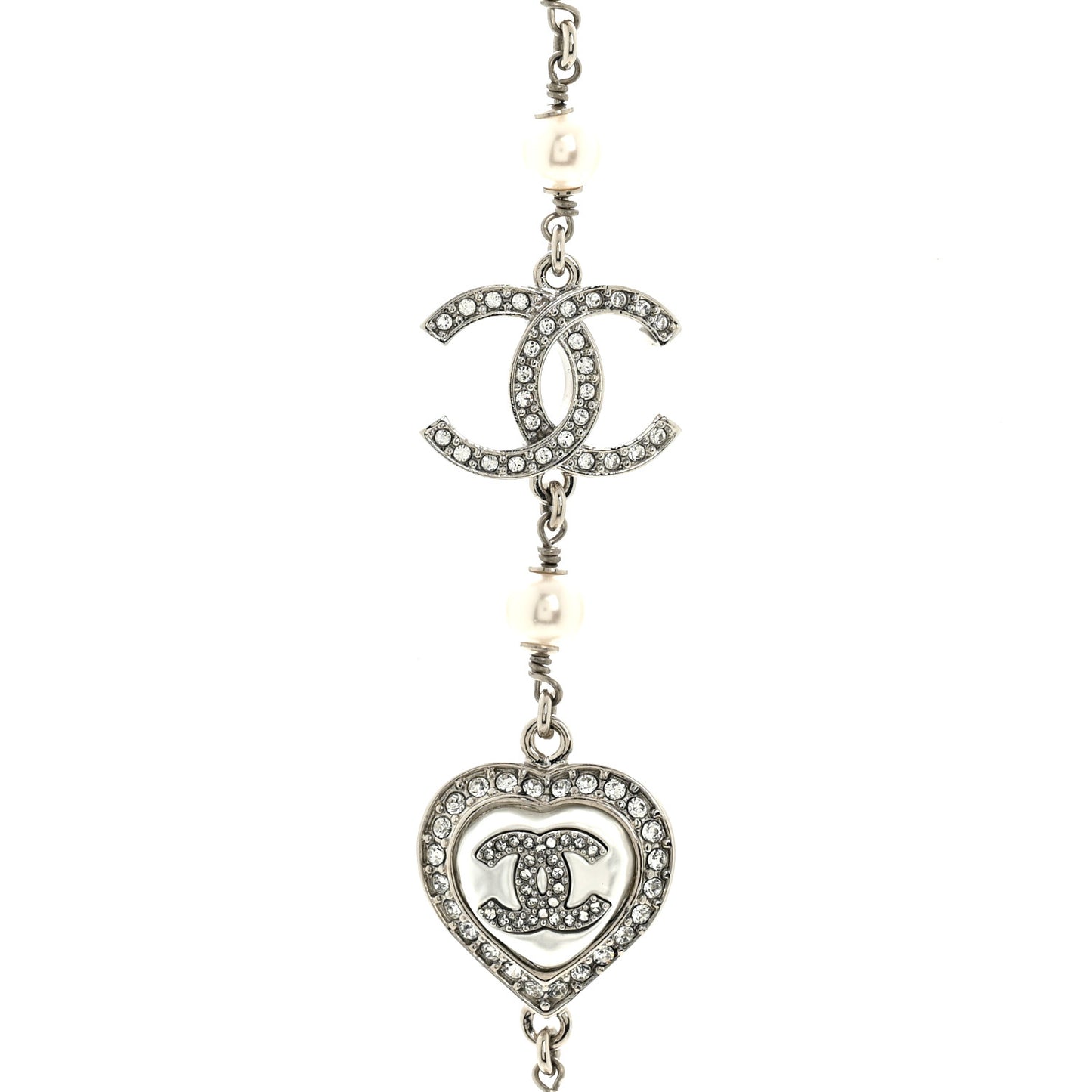 Crystal Pearl CC Heart Long Necklace Silver