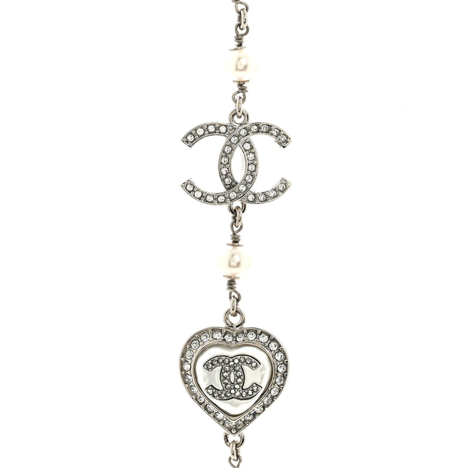 Chanel Crystal Pearl CC Heart Long Necklace Silver 4 of 5