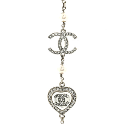 Chanel Crystal Pearl CC Heart Long Necklace Silver 4 of 5