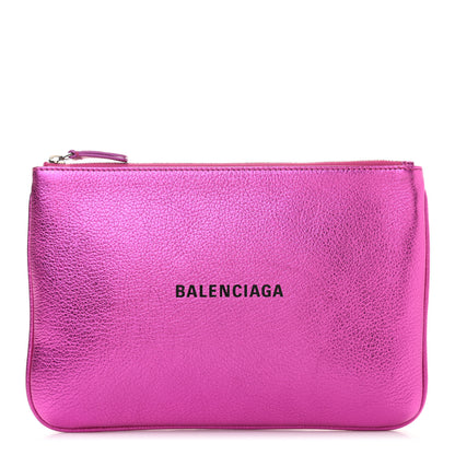 Balenciaga Metallic Goatskin Logo Large Everyday Zip Pouch Rose Fuchsia Black 1 of 8