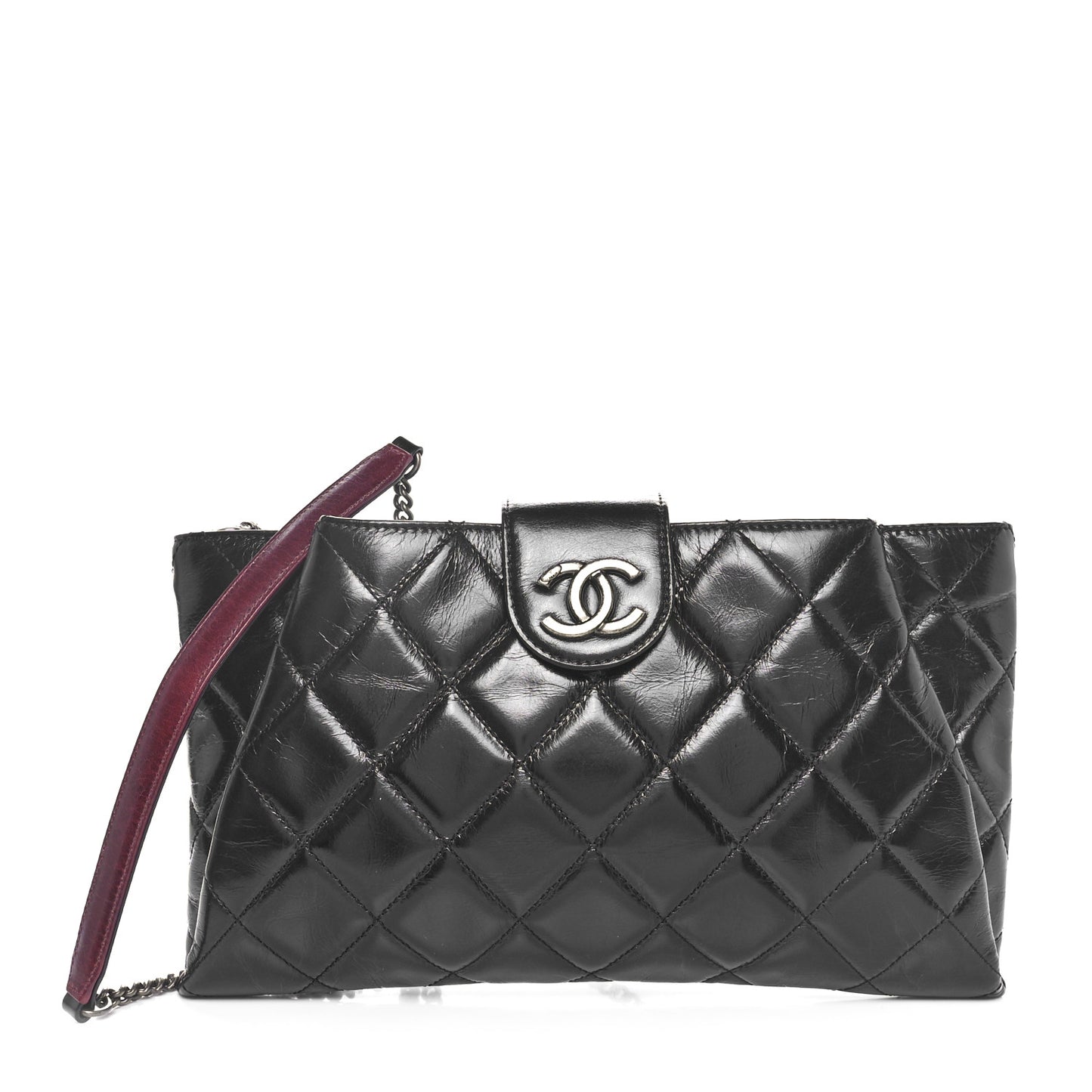 Glazed Calfskin Quilted Coco Pleats Clutch Black