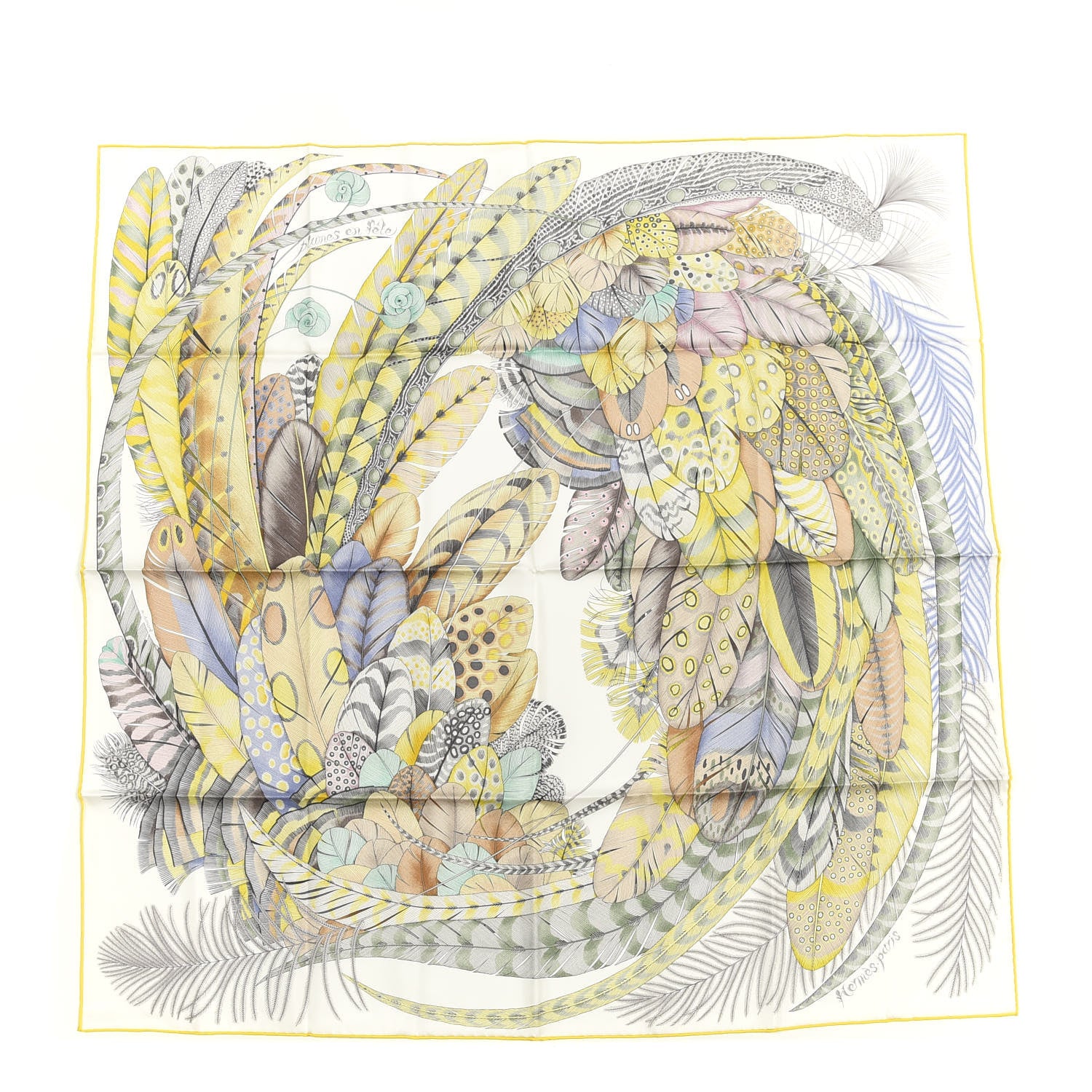 Hermes Silk Plumes En Fete Scarf 90 Blanc Jaune Mauve 1 of 5