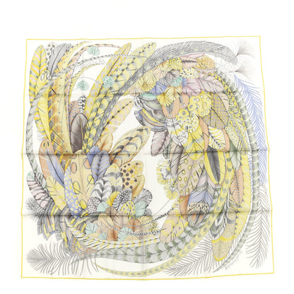 Hermes Silk Plumes En Fete Scarf 90 Blanc Jaune Mauve 1 of 5