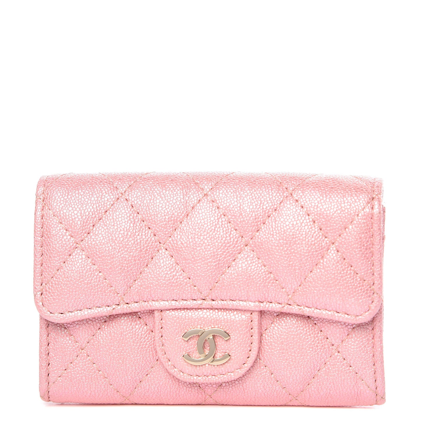 Iridescent Caviar Quilted Flap Card Holder Rose Pink