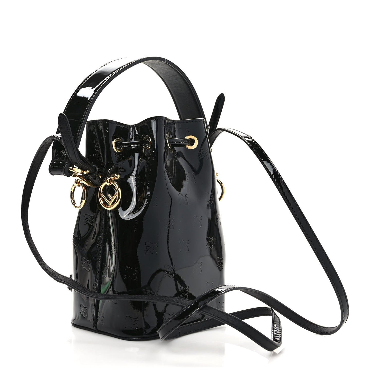 Vitello Vernice Mou F is Fendi Karligraphy Embossed Mini Mon Tresor Bucket Bag Black