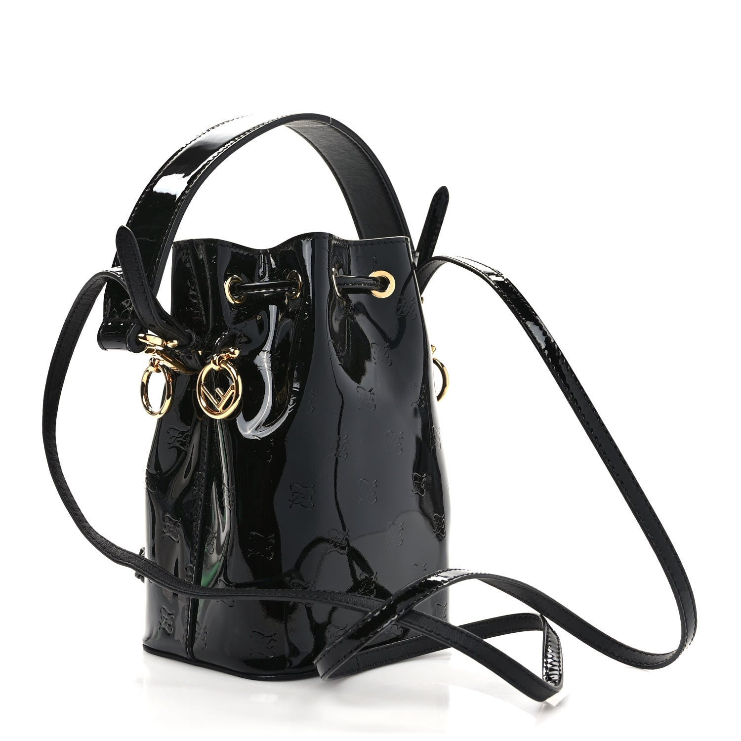 Fendi Vitello Vernice Mou F is Fendi Karligraphy Embossed Mini Mon Tresor Bucket Bag Black 3 of 9