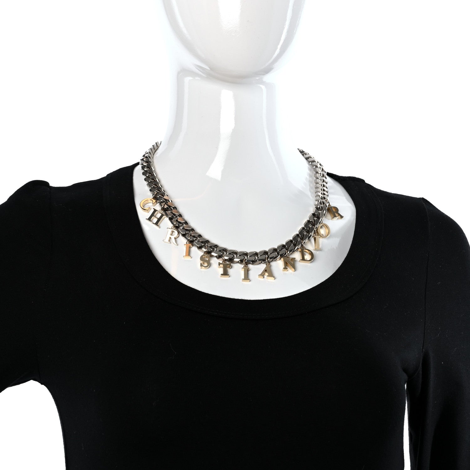 Christian Dior Metal Chain Logo Charm Necklace Gold Ruthenium 3 of 4