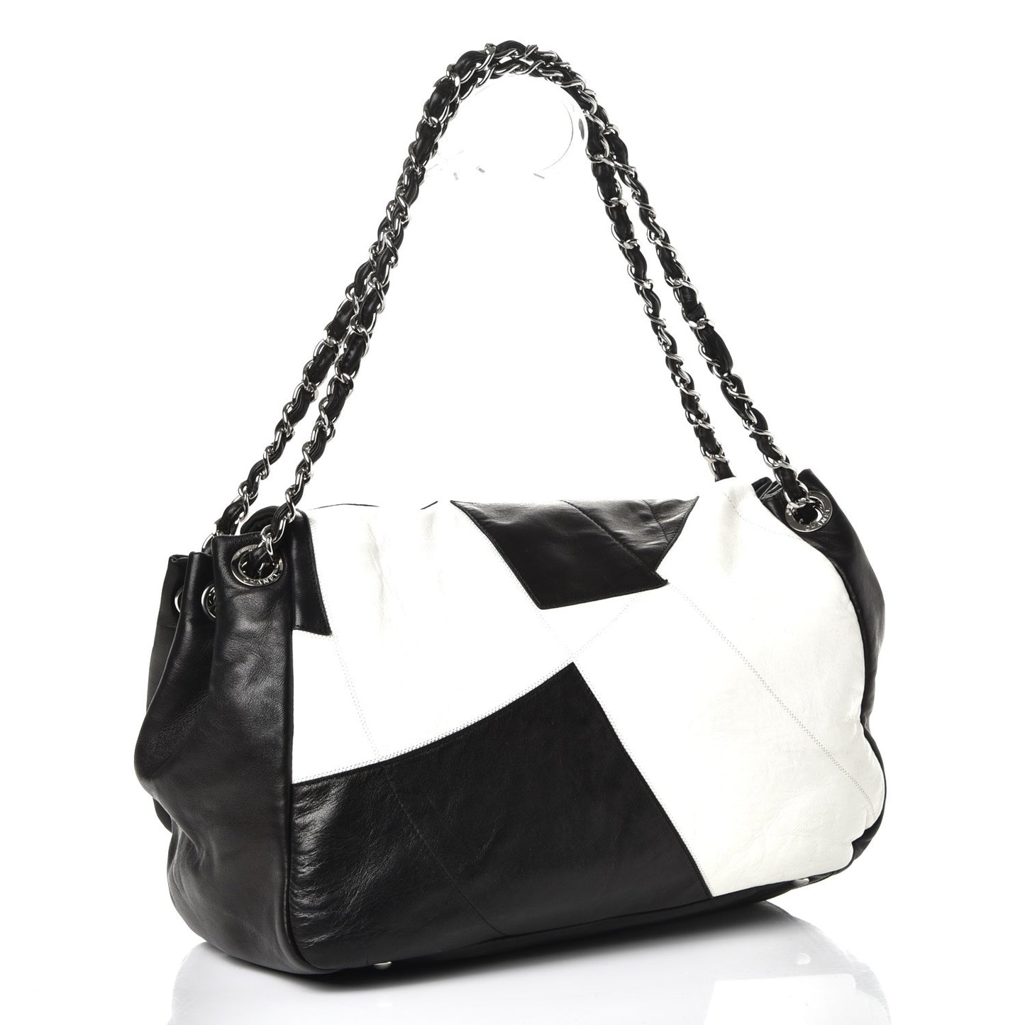 Lambskin Patchwork Accordion Flap Black White