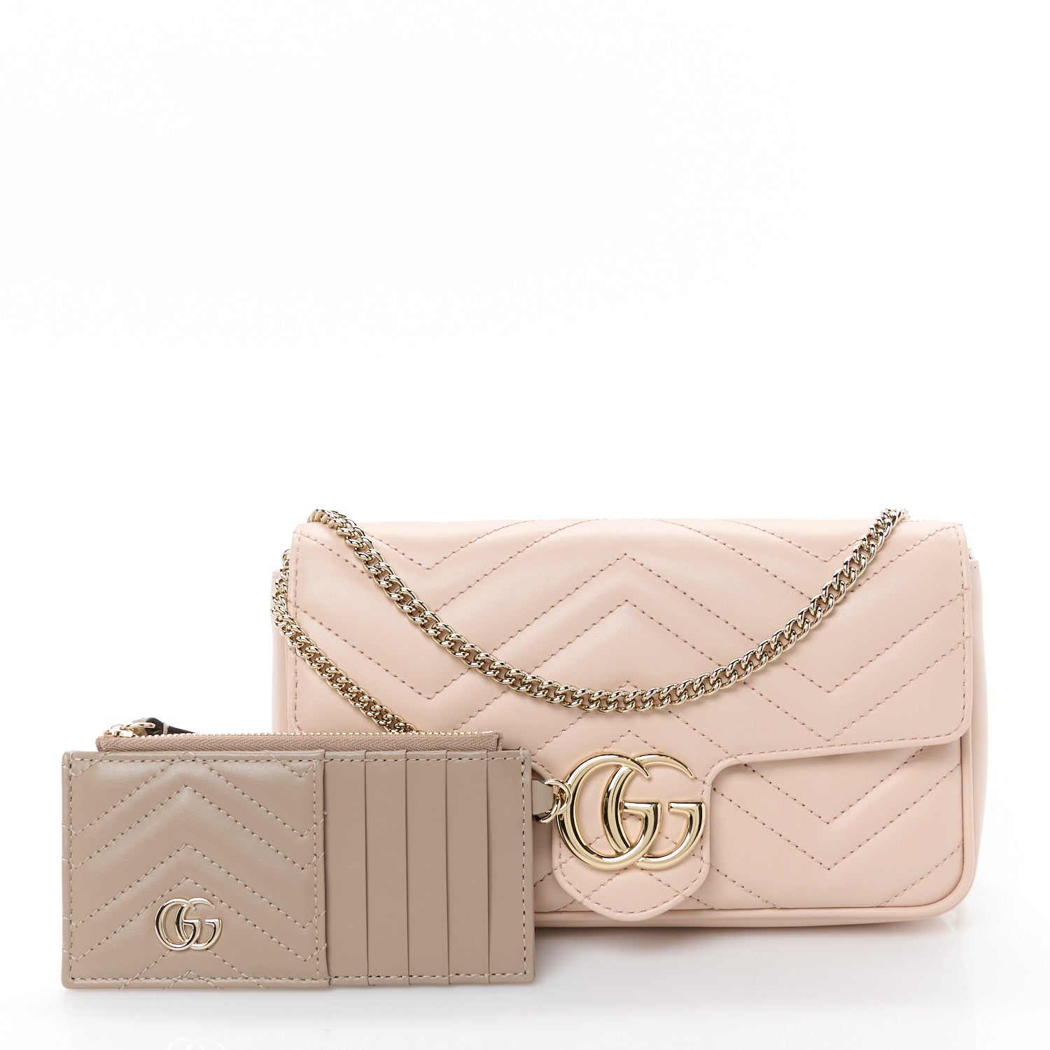 Gucci Calfskin Matelasse Mini GG Marmont Shoulder Bag With Card Holder Pink Beige Taupe 3 of 12