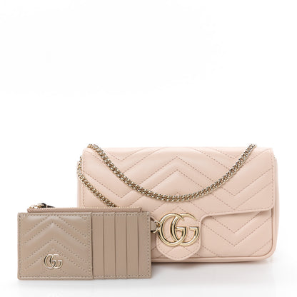 Gucci Calfskin Matelasse Mini GG Marmont Shoulder Bag With Card Holder Pink Beige Taupe 3 of 12