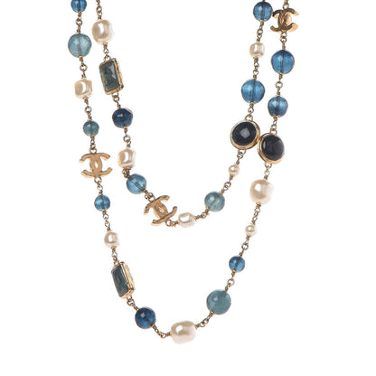 Chanel Pearl Bead CC Long Necklace Blue Gold 1 of 4