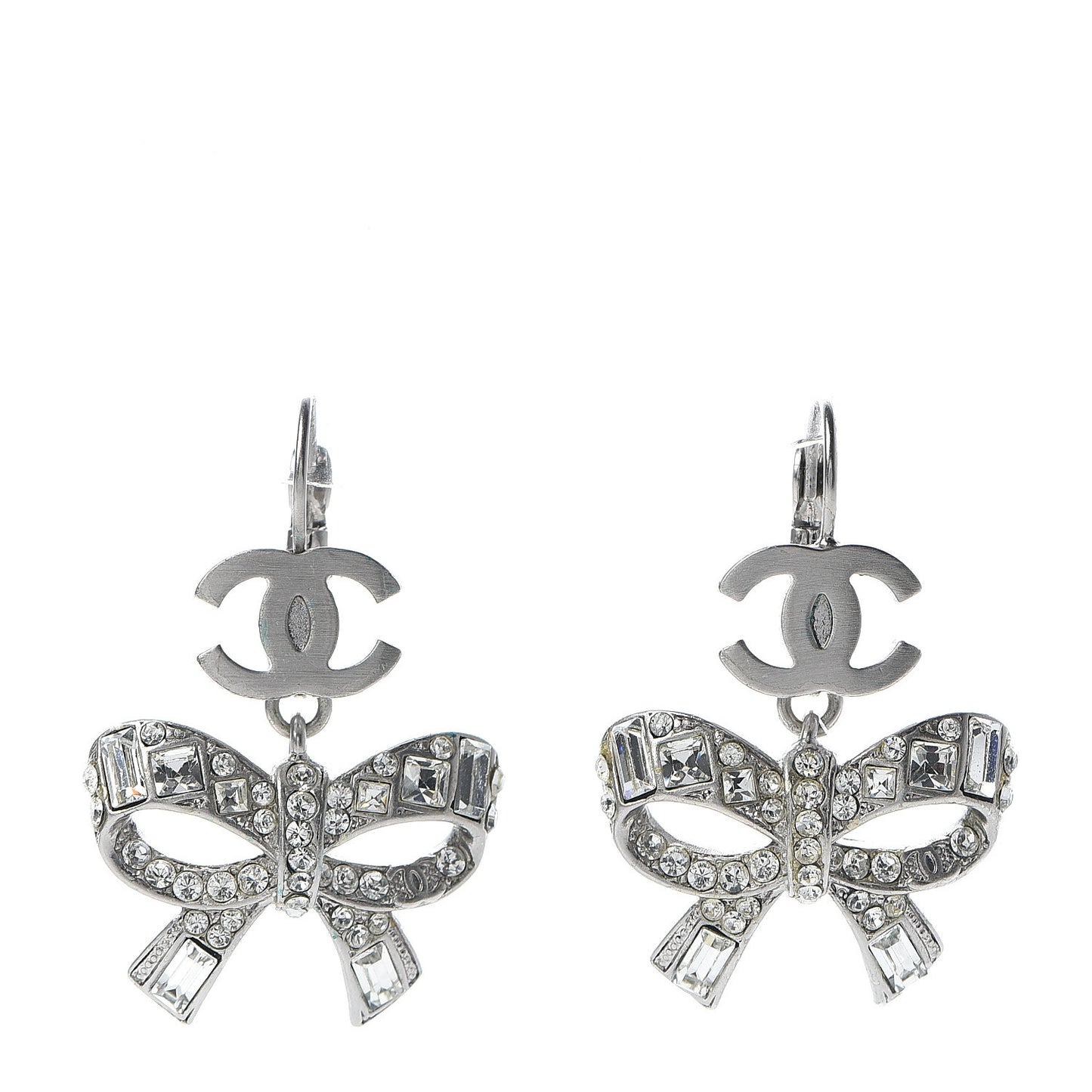 Crystal CC Bow Dangle Earrings Silver