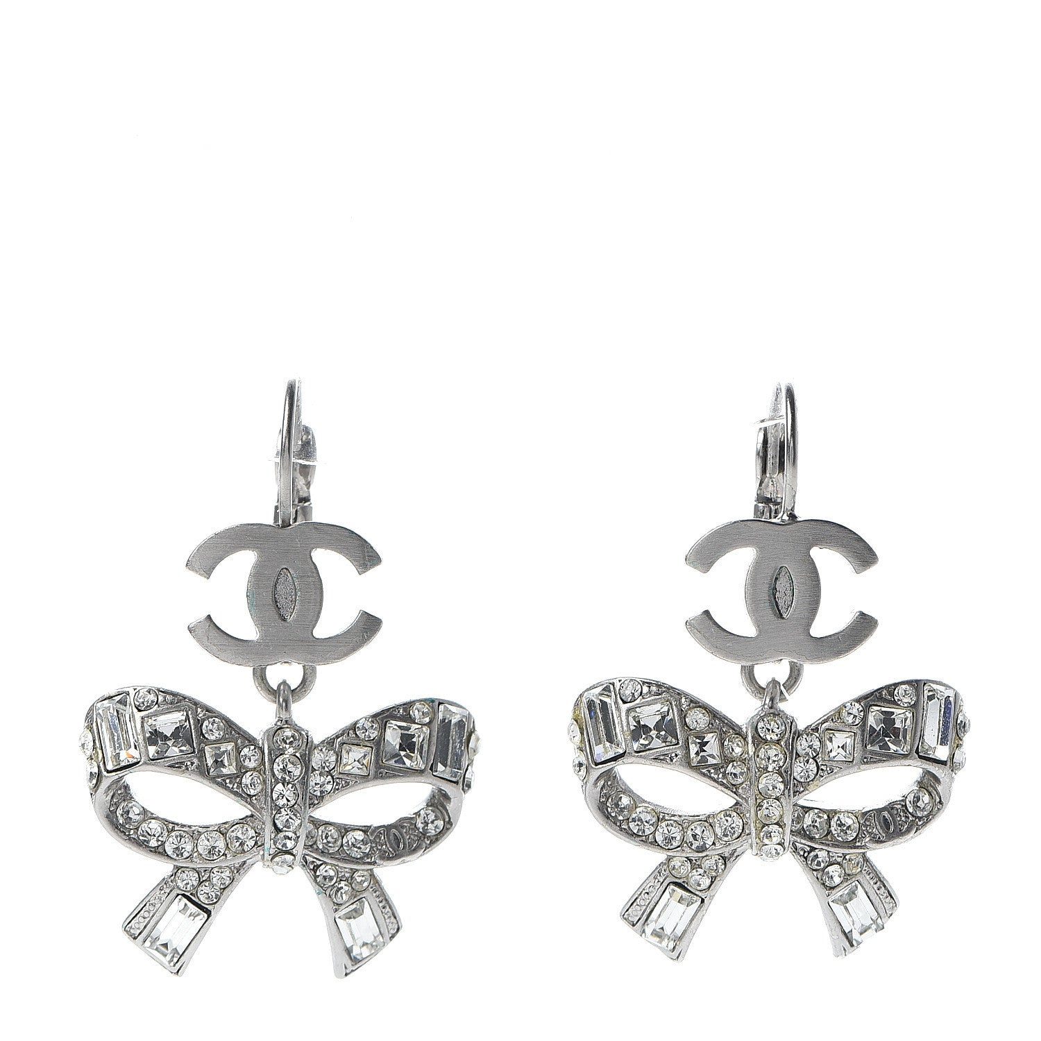Chanel Crystal CC Bow Dangle Earrings Silver 1 of 4
