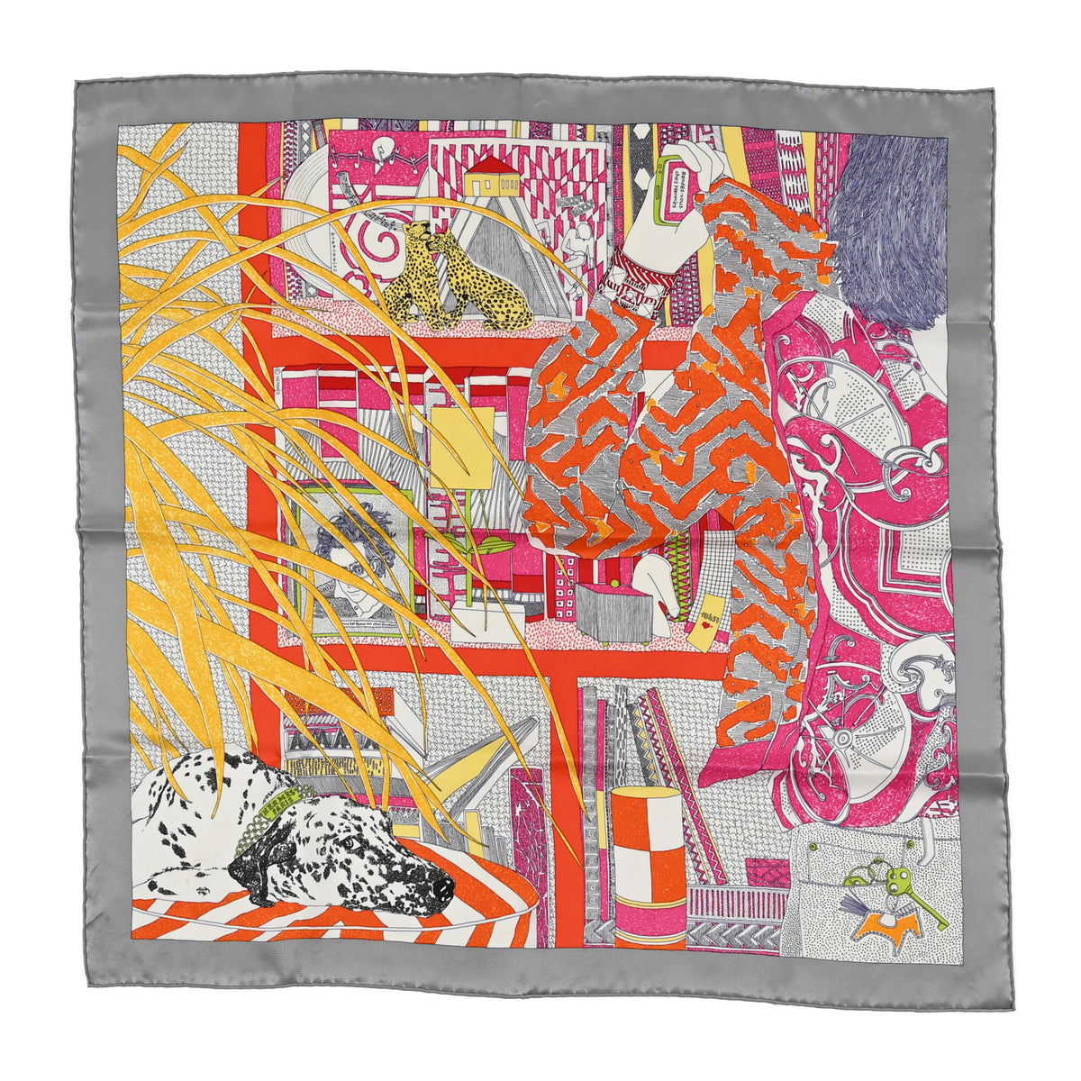 Silk Rendez-Vous Chez Scarf 70 Gris Souris Fuchsia Jaune