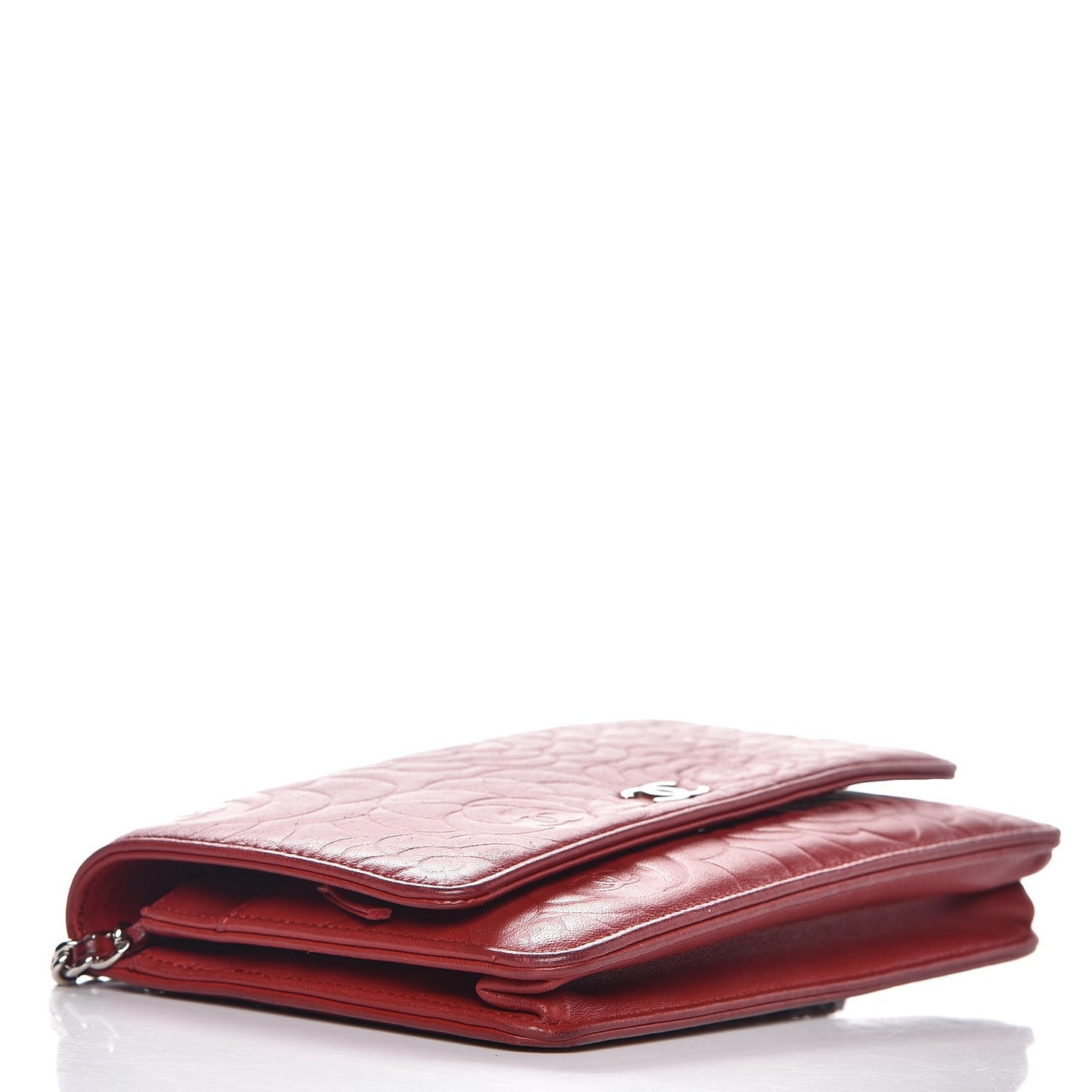 Lambskin Camellia Embossed Wallet On Chain WOC Dark Red