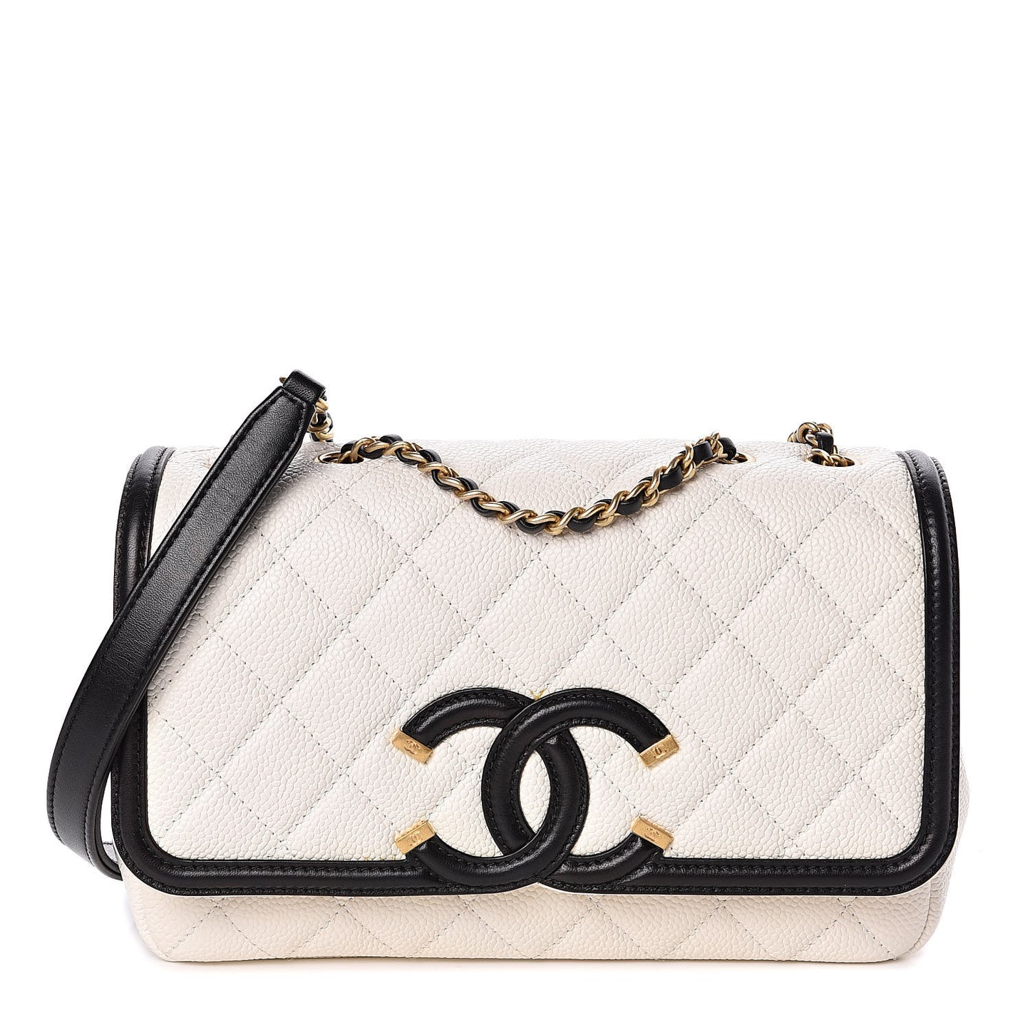 Caviar Quilted Small CC Filigree Flap White Black
