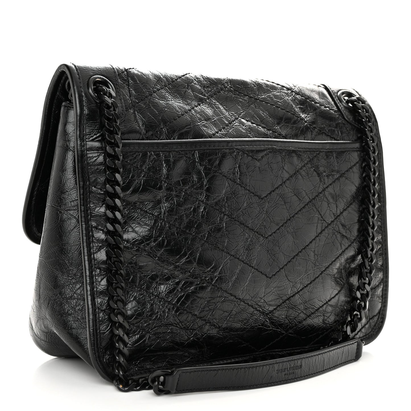 Crinkled Calfskin Matelasse Monogram Medium Niki Chain Satchel Black