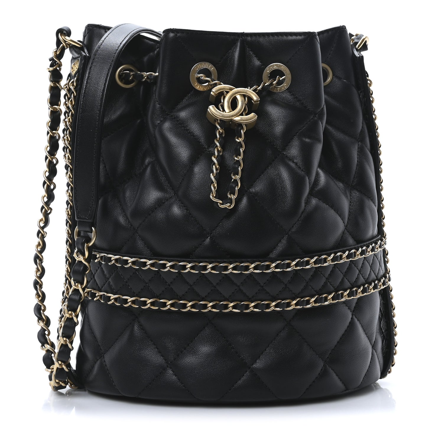 Lambskin Quilted Chain Bucket Drawstring Bag Black