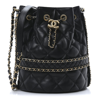 Chanel Lambskin Quilted Chain Bucket Drawstring Bag Black 1 of 10