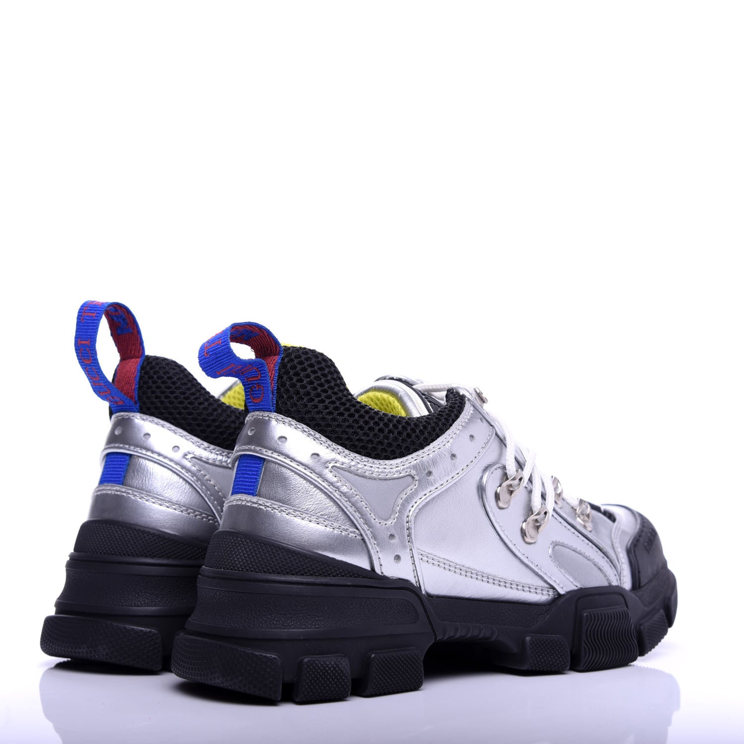 Gucci X SEGA Metallic Calfskin Mesh Womens Flashtrek Sneakers 35.5 Silver Black 4 of 9