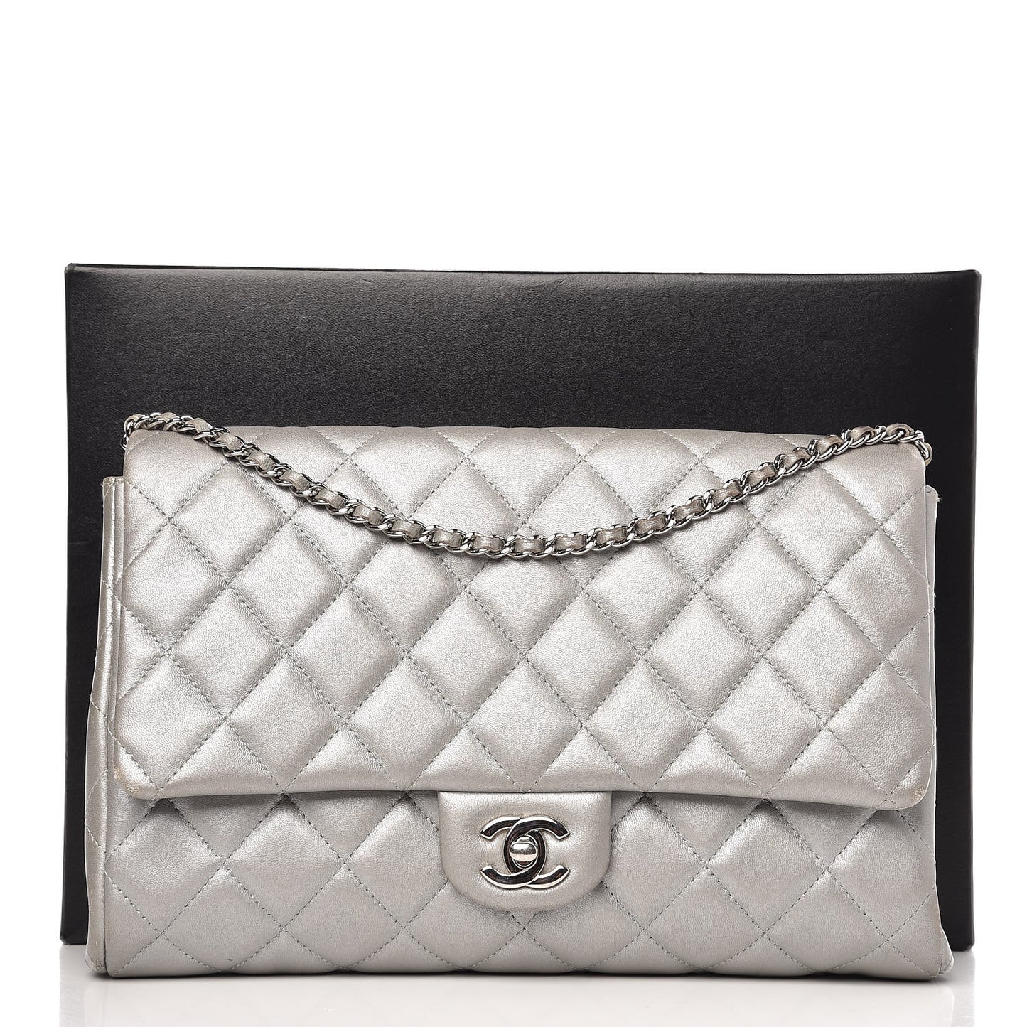 Metallic Lambskin Quilted Clutch With Chain Flap Grey