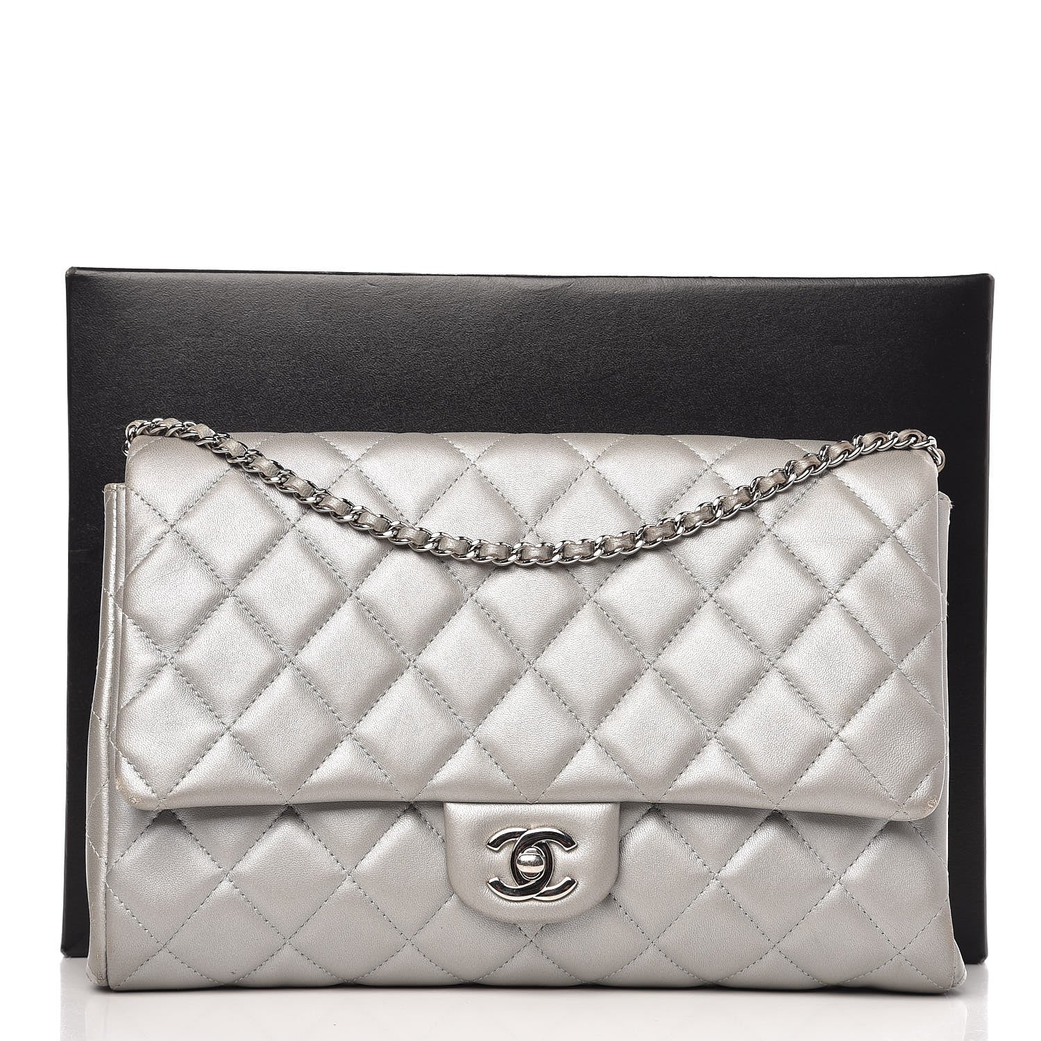 Chanel Metallic Lambskin Quilted Clutch With Chain Flap Grey 11 of 12