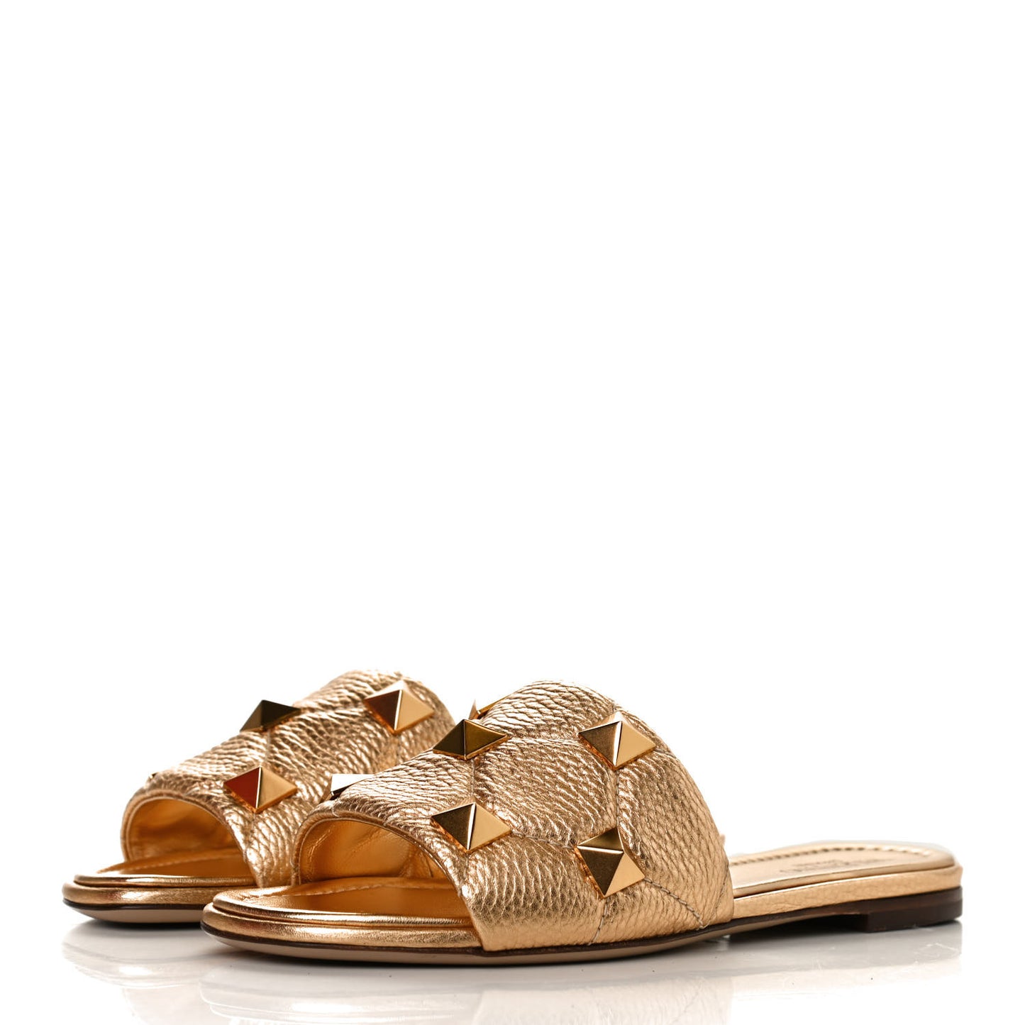 Metallic Pebbled Calfskin Roman Stud Flat Slide Sandals 36 Antique Brass