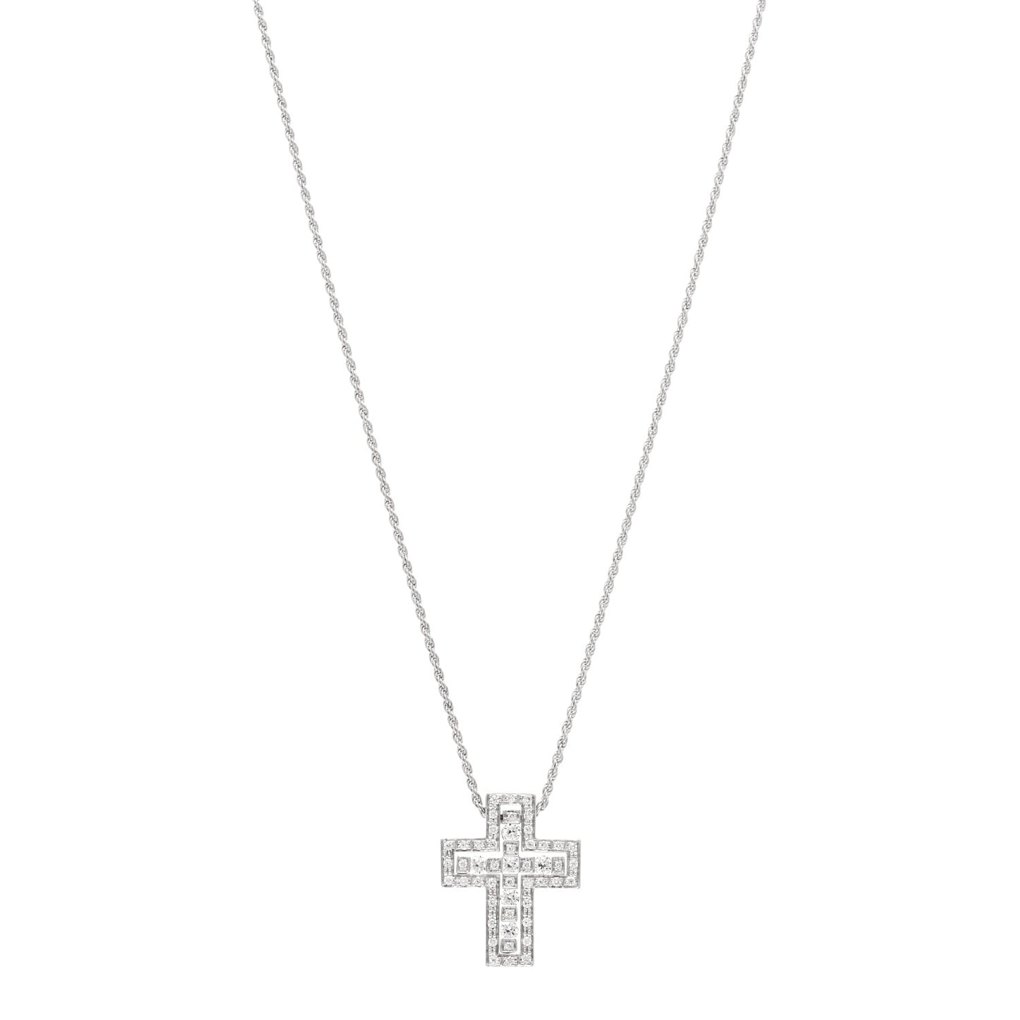 18K White Gold Diamond Small Belle Epoque Cross Pendant Necklace