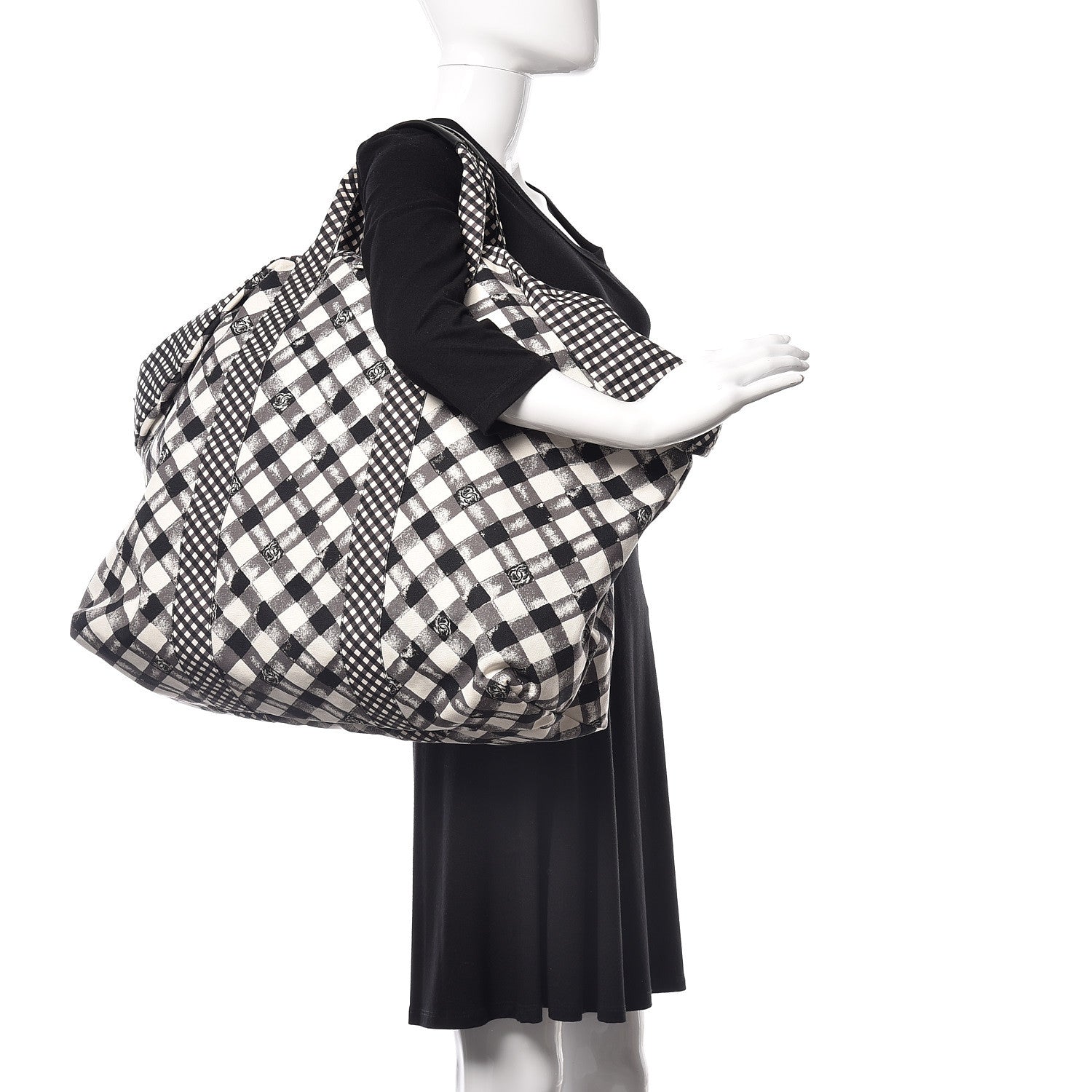 Chanel Canvas Gingham Printed CC Tote Black White 2 of 9