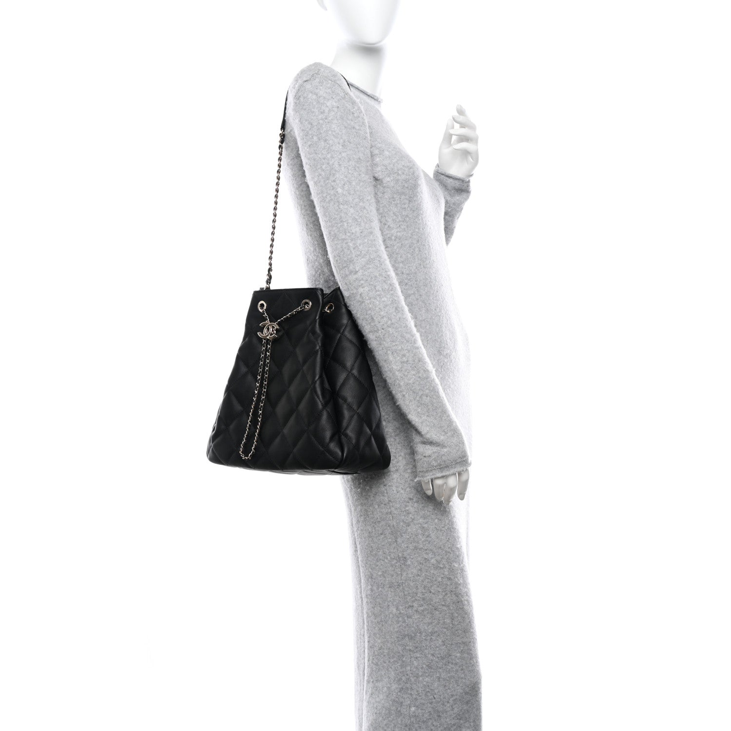 Chanel Lambskin Quilted Chain Drawstring Bag Black 2 of 10