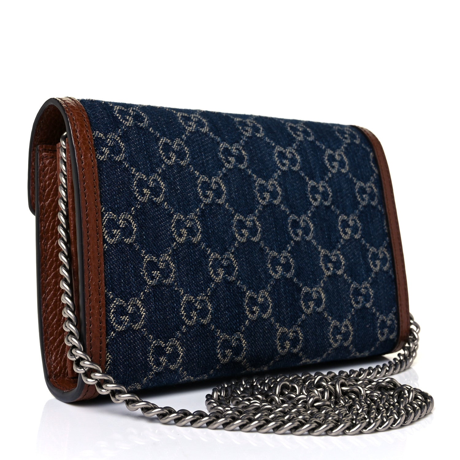Gucci New Denim GG Monogram Dollar Calfskin Enamel Mini Dionysus Chain Wallet Blue Tea Cuir Epilog Electric Blue 2 of 8