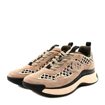 Chanel Suede Calfskin Embroidered CC Sneakers 40 Beige Black 4 of 10