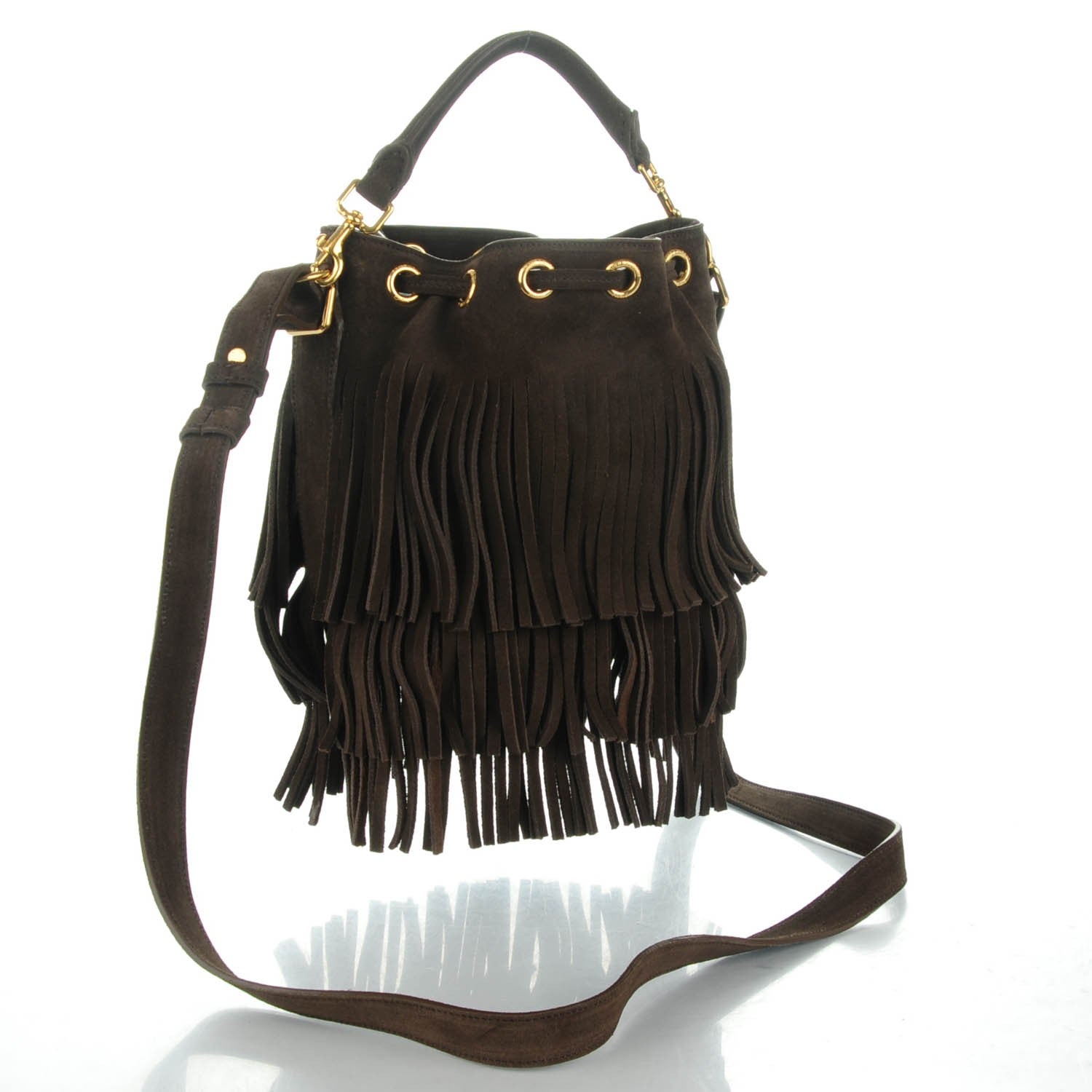 Saint Laurent Suede Calfskin Small Emmanuelle Fringe Bucket Bag Brown 2 of 7
