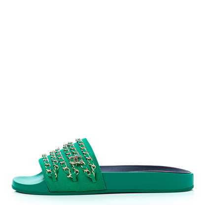 Chanel Satin Canvas Chain Slides Flat Sandals 40 Green 1 of 8