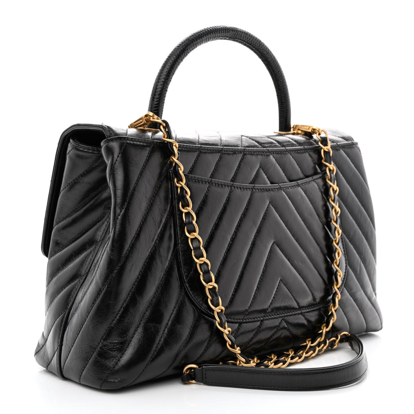 Calfskin Lizard Chevron Quilted Medium Coco Handle Flap Black