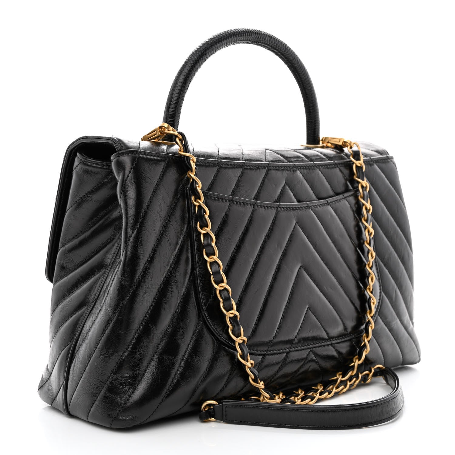 Chanel Calfskin Lizard Chevron Quilted Medium Coco Handle Flap Black 3 of 15